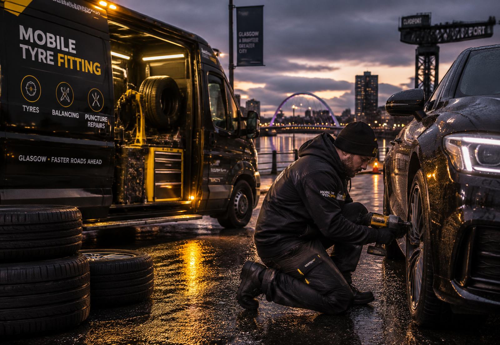 Tyre Tronic mobile tyre fitter changing a car tyre beside a fully equipped mobile tyre van in Glasgow